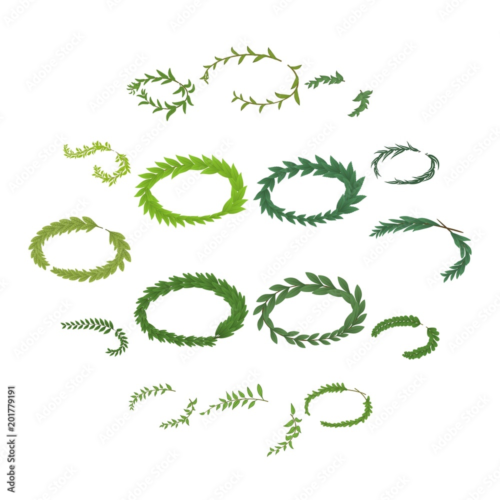 Laurel wreath icons set. Isometric illustration of 16 laurel wreath vector icons for web Laurel wreath icons set. Isometric illustration of 16 laurel wreath vector icons for web