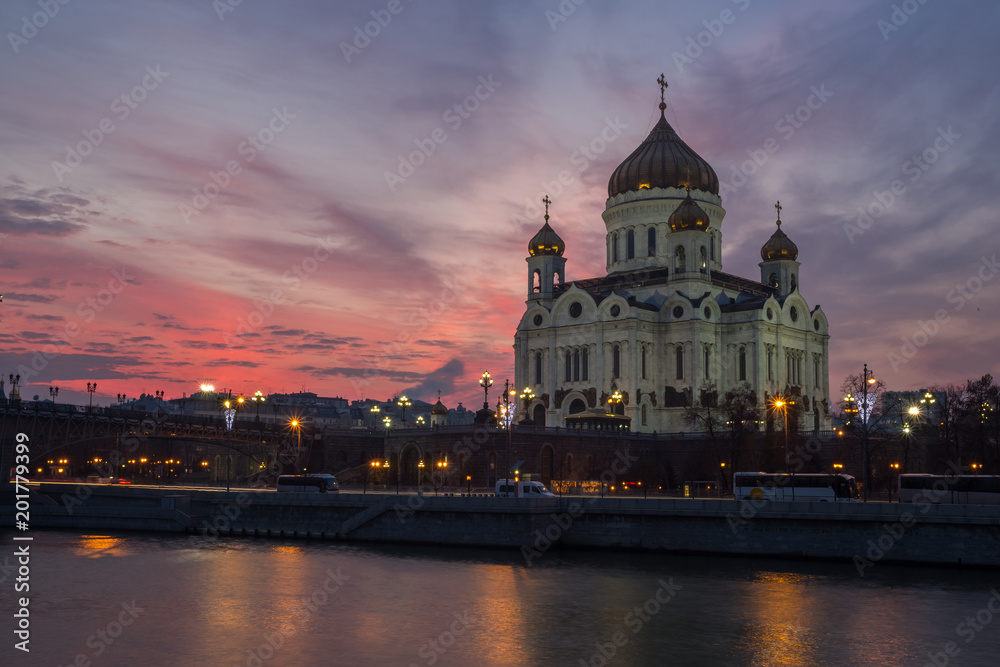 Embankment of Moscow River near the Cathedral of Christ the Savior at sunset. Moscow, Russia.