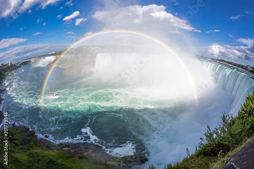 Panoramic view of Niagara Falls with rainbow. Fisheye lens effect.