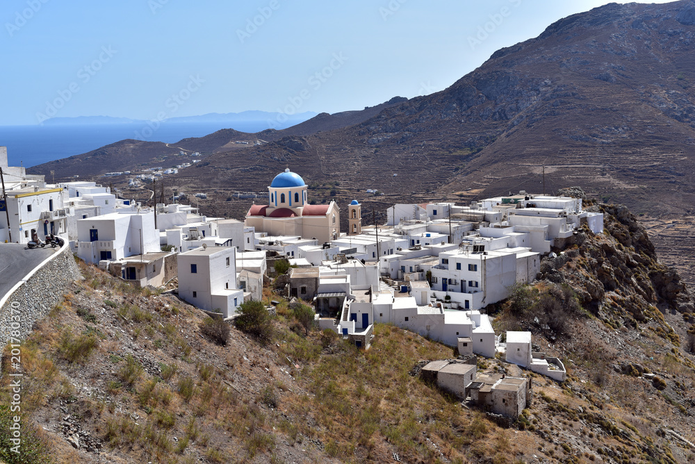 Typical Blue Domed Greek Church and White Cubed Houses in Chora Upper Town, Serifos Island, Greece