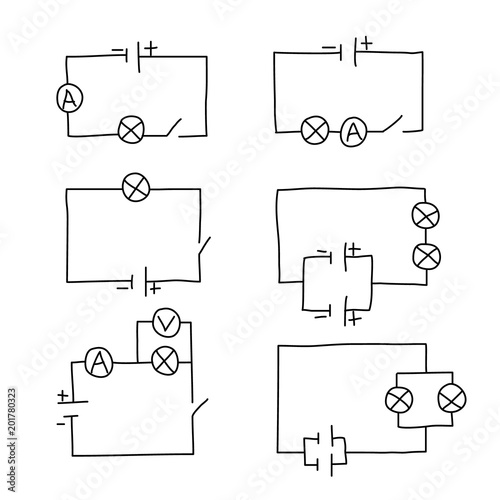 sketch drawing of an electrical circuit , set pencil sketch