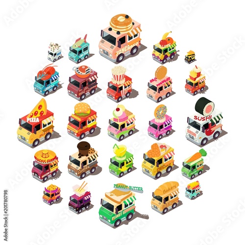 Food truck icons set. Isometric illustration of 25 food truck vector icons for web