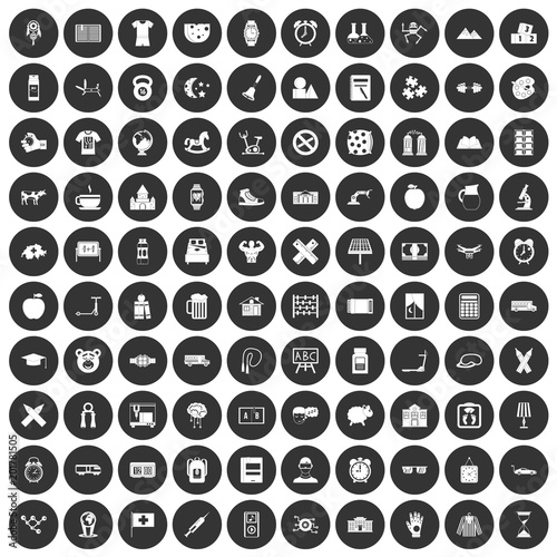 100 alarm clock icons set in simple style white on black circle color isolated on white background vector illustration