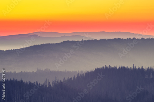 Fototapeta Naklejka Na Ścianę i Meble -  Moments before sunrise in misty Carpathian mountains, Poland