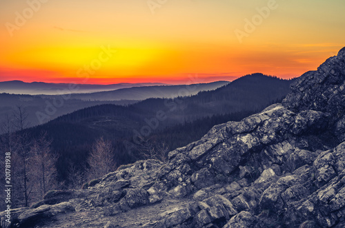 Moments before sunrise in misty Carpathian mountains, Poland