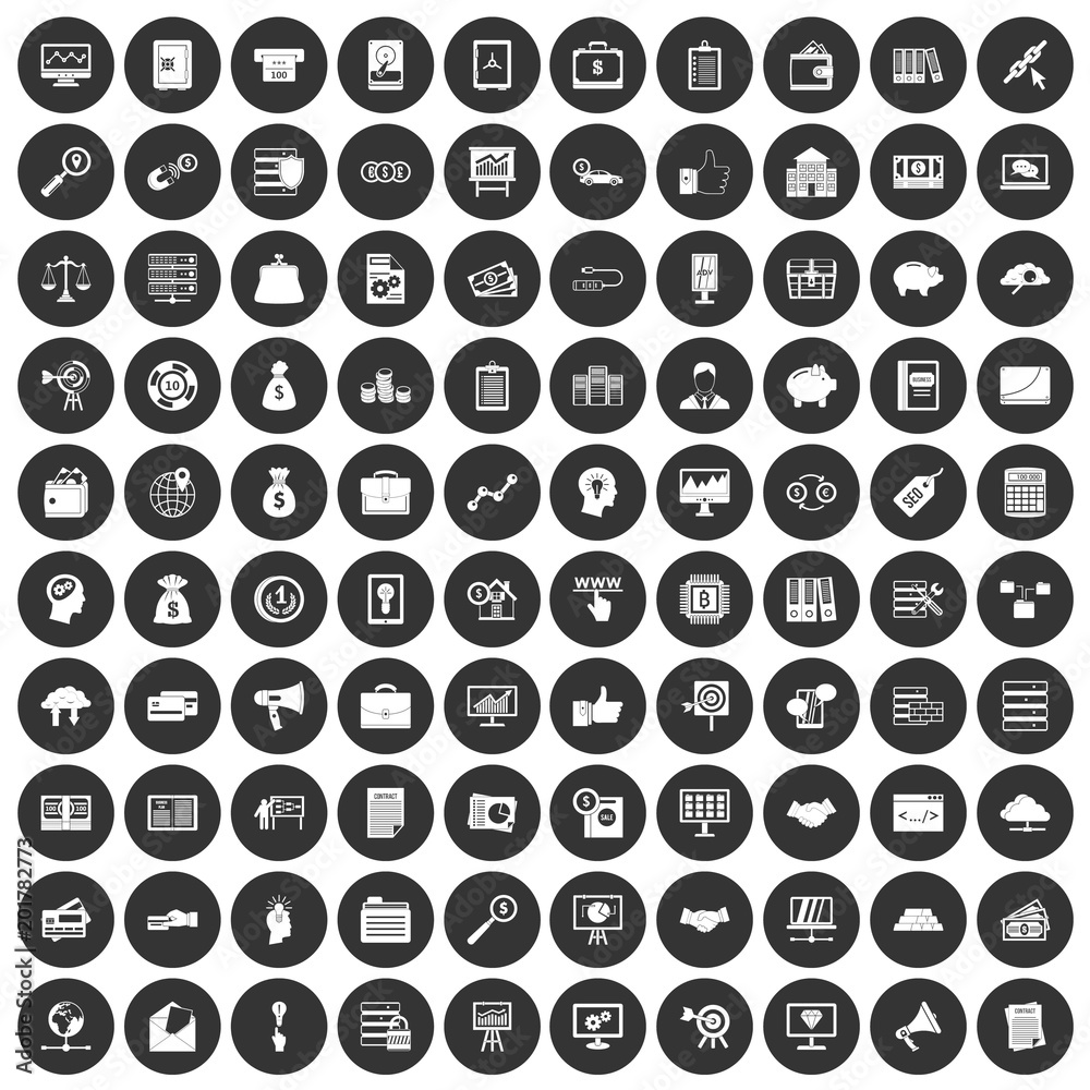 100 business process icons set in simple style white on black circle color isolated on white background vector illustration 100 business process icons set in simple style white on black circle color isolated on white background vector illustration