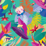 Seamless Hawaiian pattern. Pattern with tropical plants and monkeys. Background for textile, manufacturing, book covers, wallpapers, print or gift wrap.