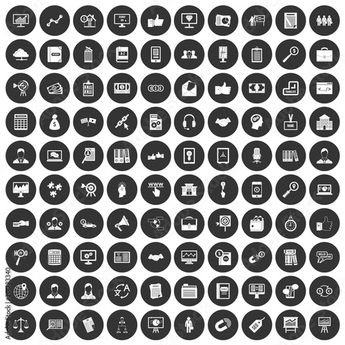 100 business training icons set in simple style white on black circle color isolated on white background vector illustration