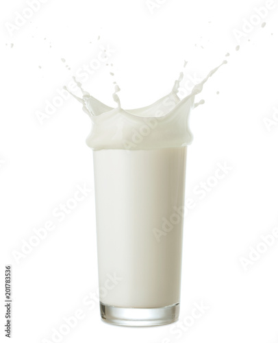 single glass of milk with splash isolated on white background