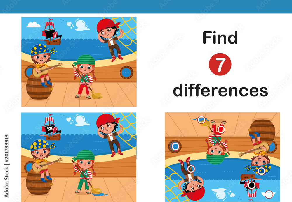 Find 7 differences education game for children, featuring little pirates.(Vector illustration) Find 7 differences education game for children, featuring little pirates.(Vector illustration)