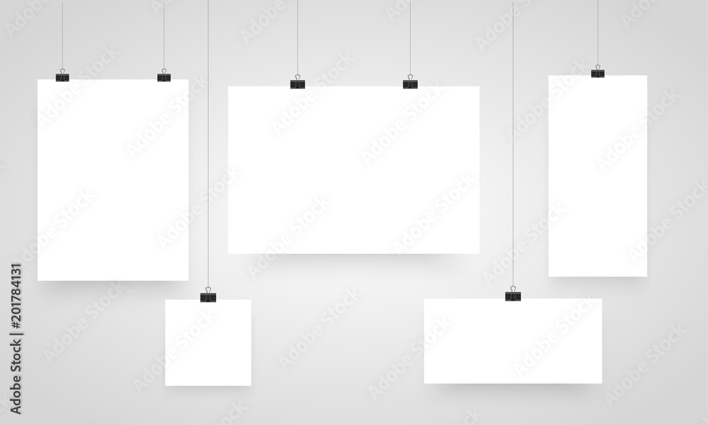 Mock-Up Realistic White Poster Hanging. Clips for Business Presentations, Place for Text. Empty White Poster Template. Vector illustration. Mock-Up Realistic White Poster Hanging. Clips for Business Presentations, Place for Text. Empty White Poster Template. Vector illustration.