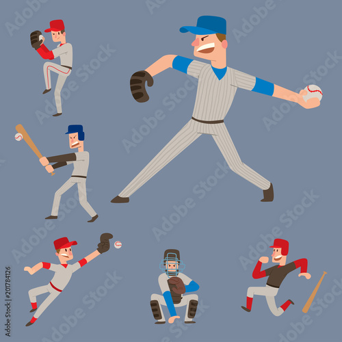 Baseball team player vector sport man in uniform game poses situation professional league sporty character winner illustration.