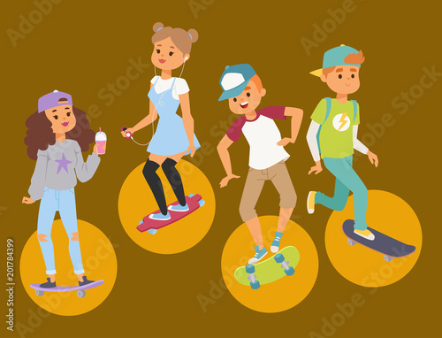 Skateboard characters vector stylish skating kids illustration skate cartoon male activity extreme skateboarding icon.