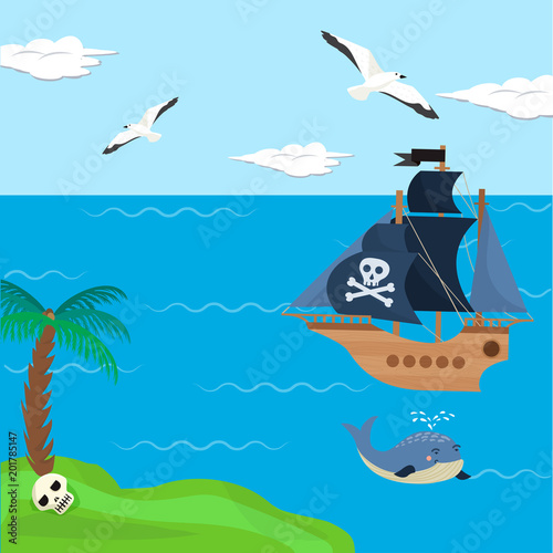 Pirate ship vector kids cartoon piracy backdrop with pirateboat or sailboat on seaside with island and palm illustration marine background for children
