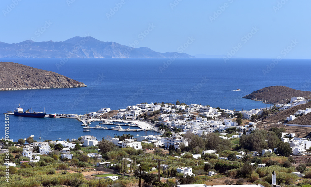 The view of Livadi village from Chora Town in Serifos Island, Greece