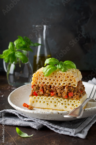 Pastitsio casserole with pasta and minced meat