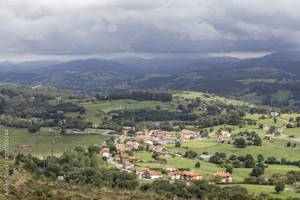 village in the valley between the mountains of Cantabria, Spain