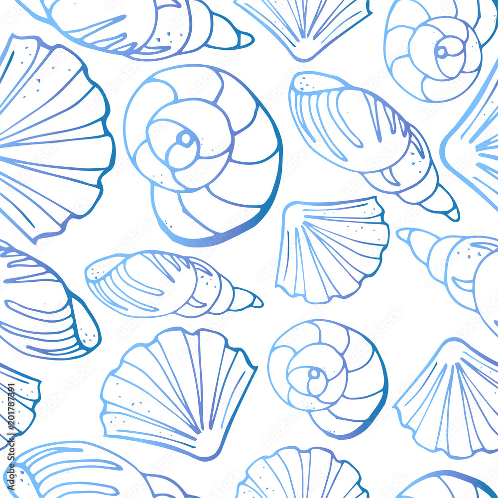 Seamless pattern from different kinds of sea shells. One-color silhouettes on white background. Vector illustration in sketch style. Seamless pattern from different kinds of sea shells. One-color silhouettes on white background. Vector illustration in sketch style.