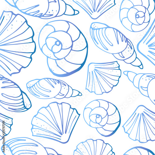 Seamless pattern from different kinds of sea shells. One-color silhouettes on white background. Vector illustration in sketch style.