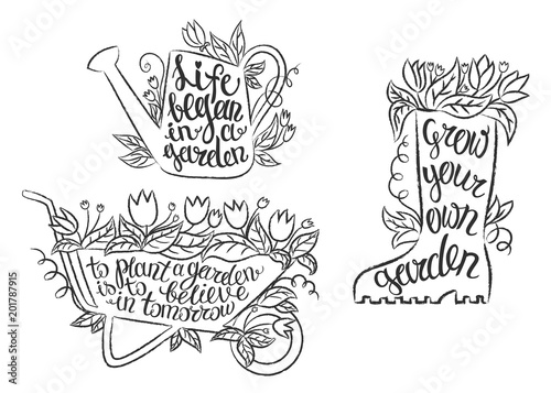Collection of grunge contour gardening placards with inspirational quotes. Set of gardening placards with motivational sayings.