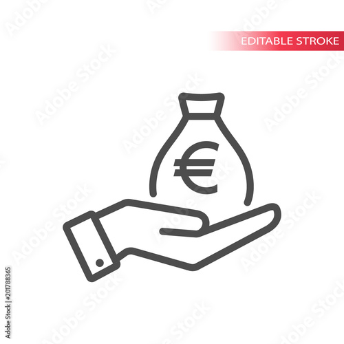 Hand and a bag of euros money. Hand and euro money bag icon.