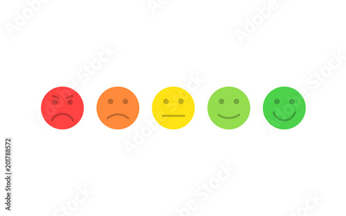 Feedback vector concept. Rank, level of satisfaction rating. Excellent, good, normal, bad awful. Feedback in form of emotions, smileys, emoji. User experience. Review of consumer.