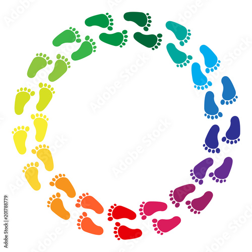 Rainbow colored traces of human feet, round frame. Vector illustration