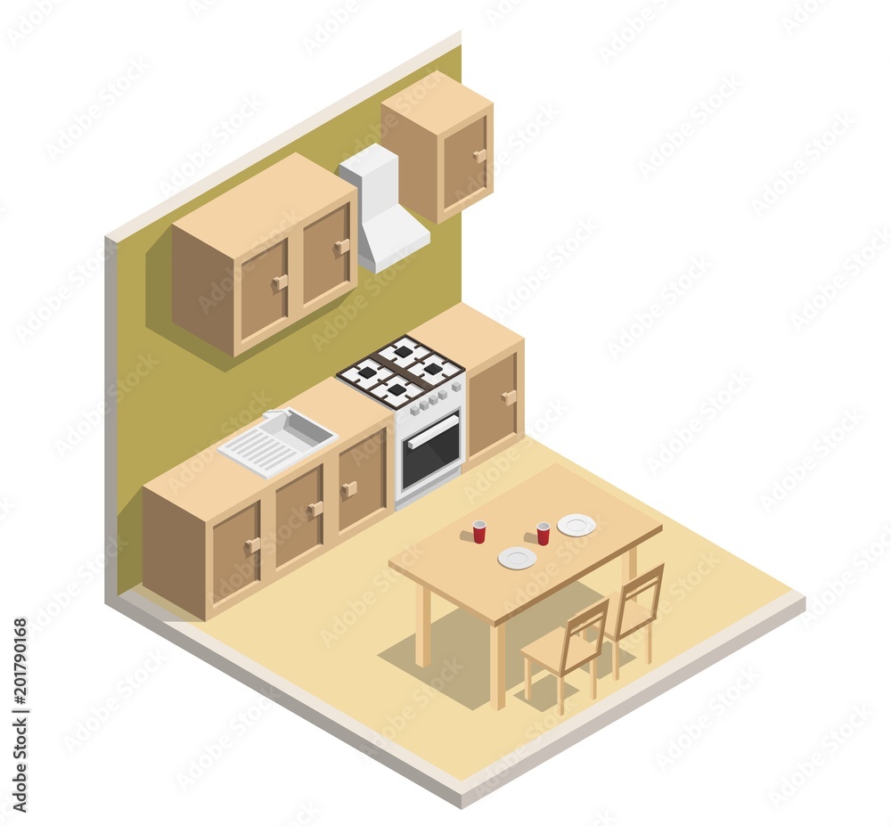Isometric low poly Kitchen interior flat style vector modern Illustration set