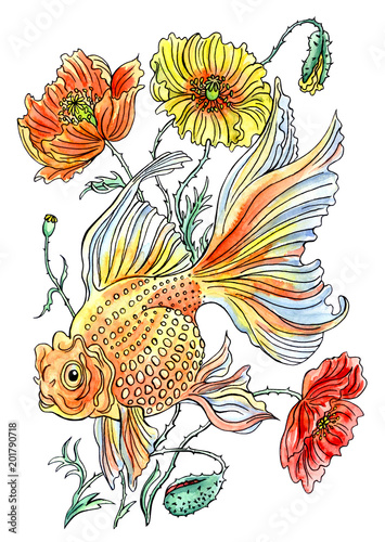 Goldfish and poppies, graphic composition, hand drawing.