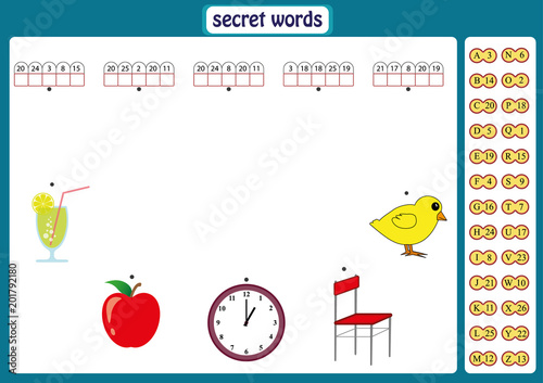 Words puzzle for kids, educational game with numbers code. worksheet