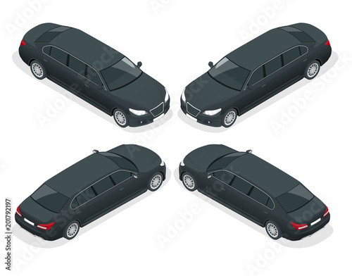 Isometric black limousine isolated on white. Template limousine icon vector. Premium people transportation