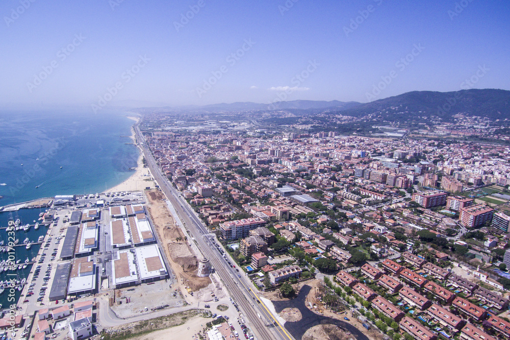 City of Premia de Mar, near of Barcelona. Aerial shot. - obrazy, fototapety, plakaty 