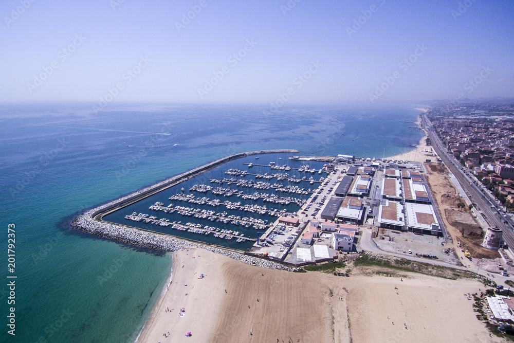 Port of Premià de Mar. Near of Barcelona. Aerial shot. - obrazy, fototapety, plakaty 
