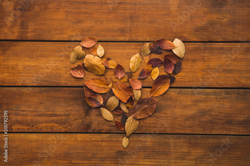 Top view close up heart-shaped herbarium situating on brown background. Romantic concept