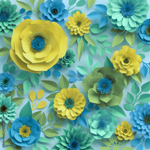 3d render, paper flowers, botanical background, floral wallpaper, turquoise pattern, garden, mint blue yellow, spring summer nature, rose, daisy, dahlia