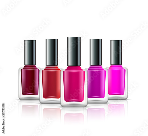 Nail polish isolated glass bottle colors. Realistic beauty manicure paint containers. Cosmetic female nail polish product