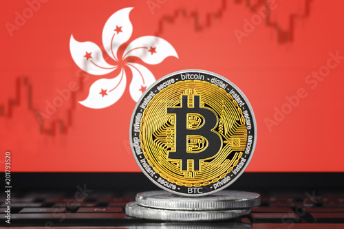 BITCOIN (BTC) cryptocurrency; coin bitcoin on the background of the flag of Hong Kong