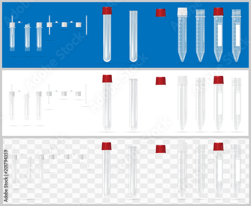 Sterile containers for analysis. Open and closed containers. Set of lids for containers for analysis. Sterile medical containers for biomaterial.