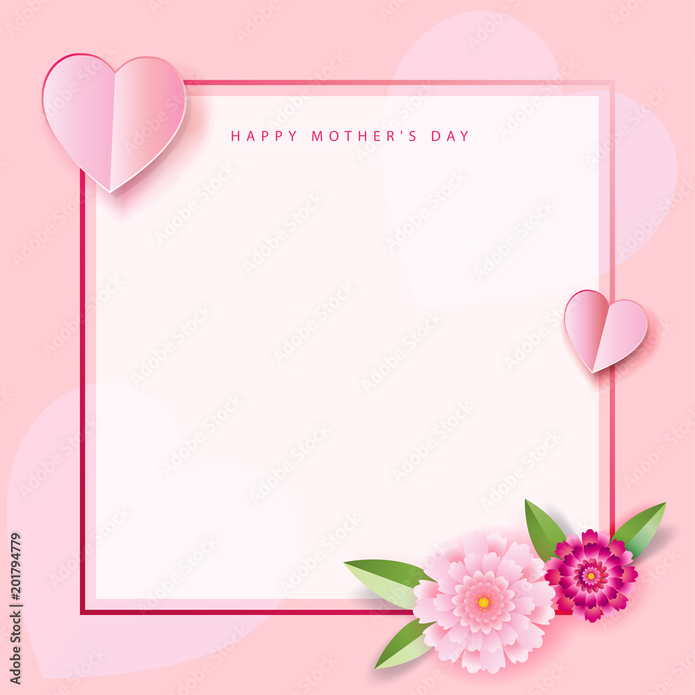 Mother's Day, Women's Day, Valentine's Day, Anniversary, Wedding day greeting card, invitation floral elements, pink decoration, origami, paper cut flowers, blank page