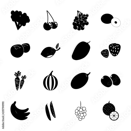 icon Fruits And Vegetables with apricot plum, fruit, robber crab, cherries and lime