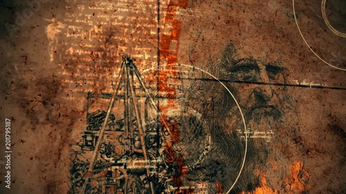 An impressive 3d rendering of Code Da Vinci imposed on the portrait of the old master, an old device resembling shear legs and several more renaissance drawings.