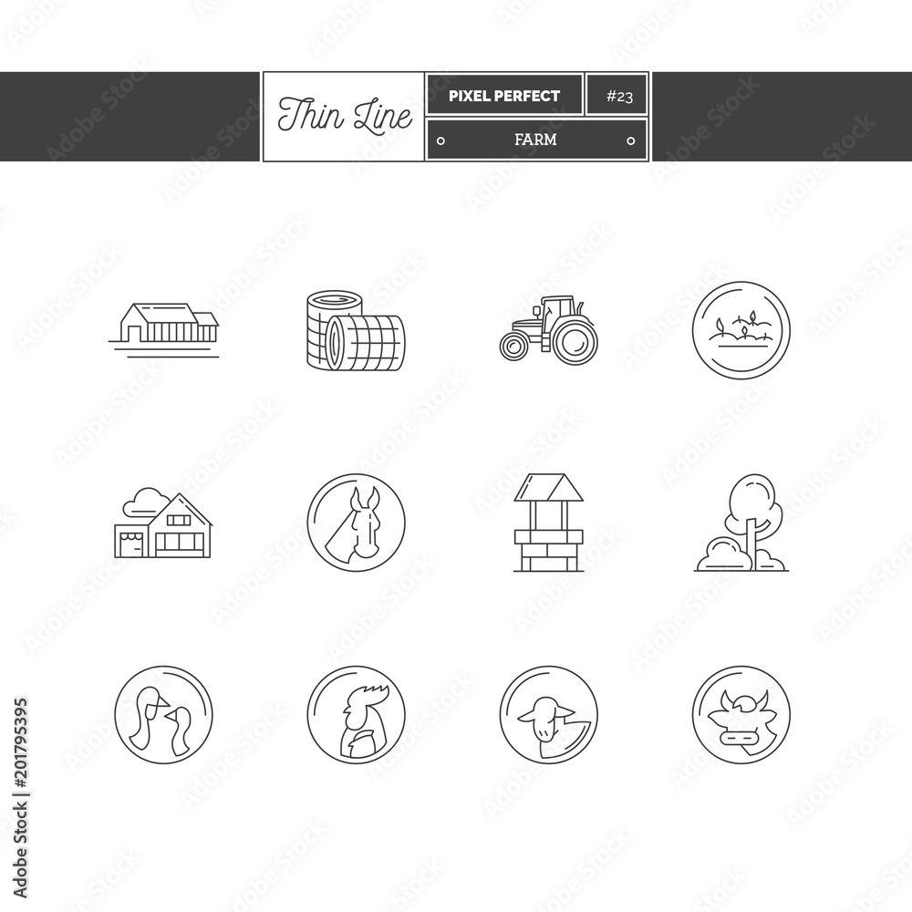 Line icons Set of Farm objects and tools elements. Farm, farm animals ...