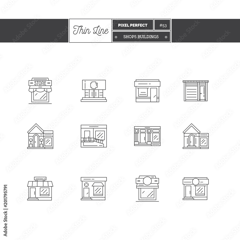 City cafe, food and groceries shops, pharmacy and stores buildings storefronts Line Icons Set. Thin Line art Icons. Flat style illustrations isolated on white.