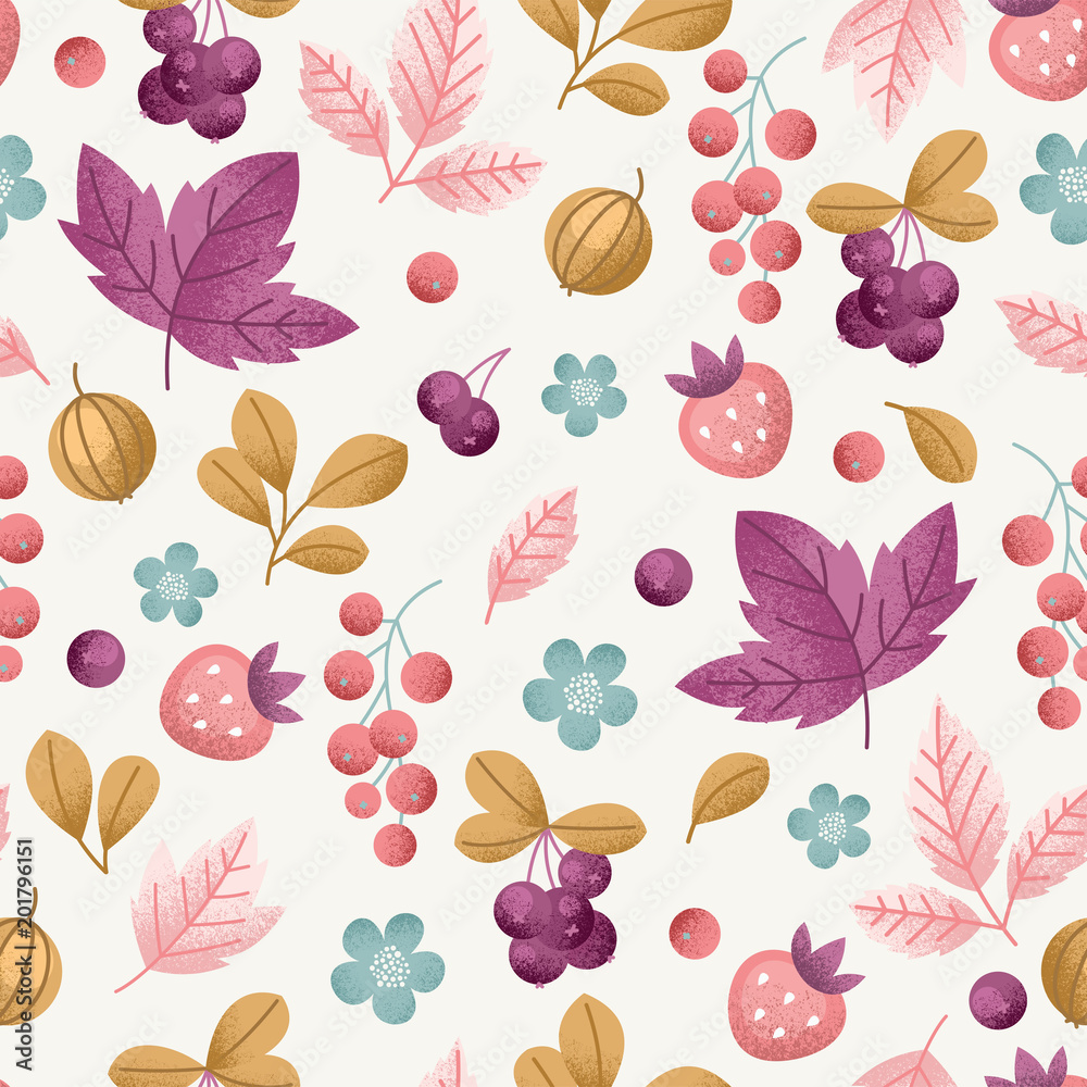 Wild berry seamless pattern. Fun berries fabric background.