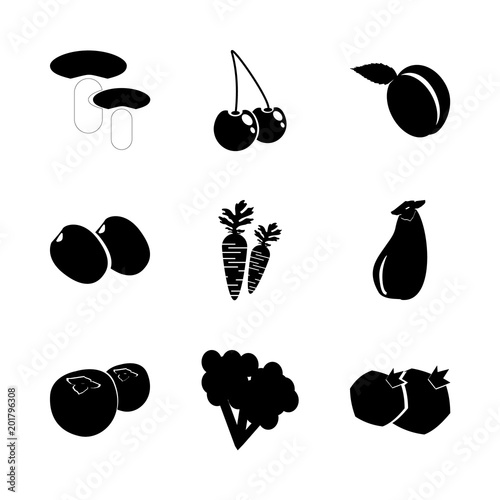 icon Fruits And Vegetables with pomegranate, bombshell, black cherry, plum and goldcrest