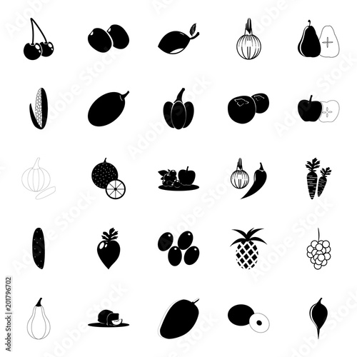icon Fruits And Vegetables with orange, eatable, palm nut, onion and olive branch