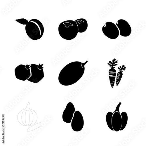 icon Fruits And Vegetables with citrus fruit, vitamin, apricot, green plum and plum