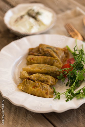 Stuffed cabbage rolls with meat.