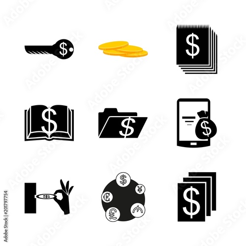 icon Currency with blank, cash, safe, safe key and electron payment
