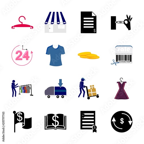 icon Shopping Tools with money, document, cash, bitcoin and freight forwarding